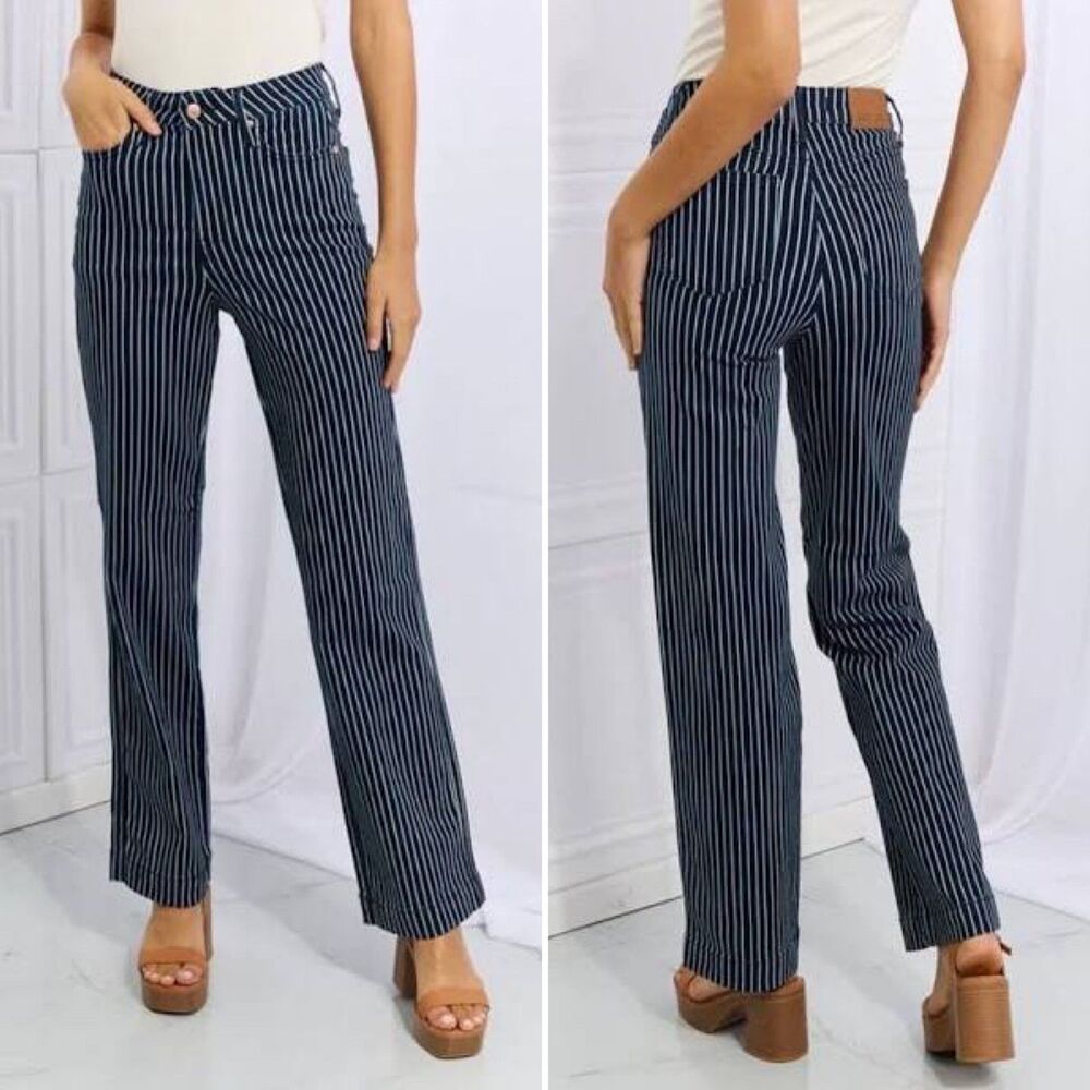 Judy Blue Straight Fit High Rise Tummy Control Jeans White Stripe 29
